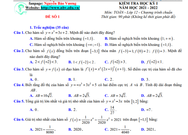 Đề minh họa số 5 học kì 1 Toán lớp 12 năm 2021 - 2022 có đáp án