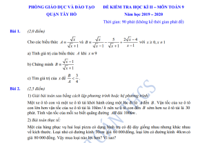 Đề thi học kì 2 môn toán lớp 9 Quận Tây Hồ 2019 - 2020 có đáp án