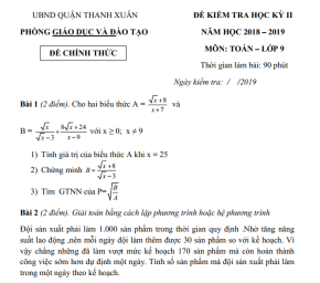 Đề thi học kì 2 môn toán lớp 9 Quận Thanh Xuân 2018 - 2019 có đáp án